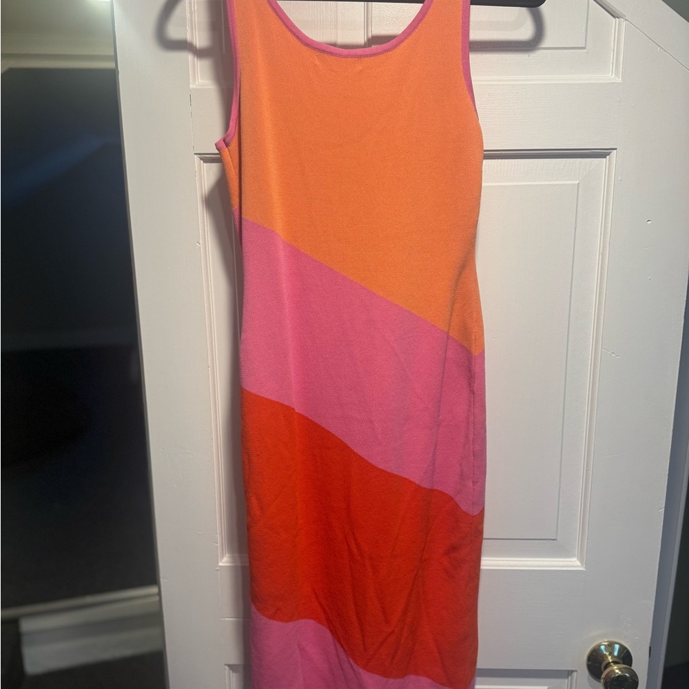 Orange and Pink Sleeveless Sheath Midi Dress